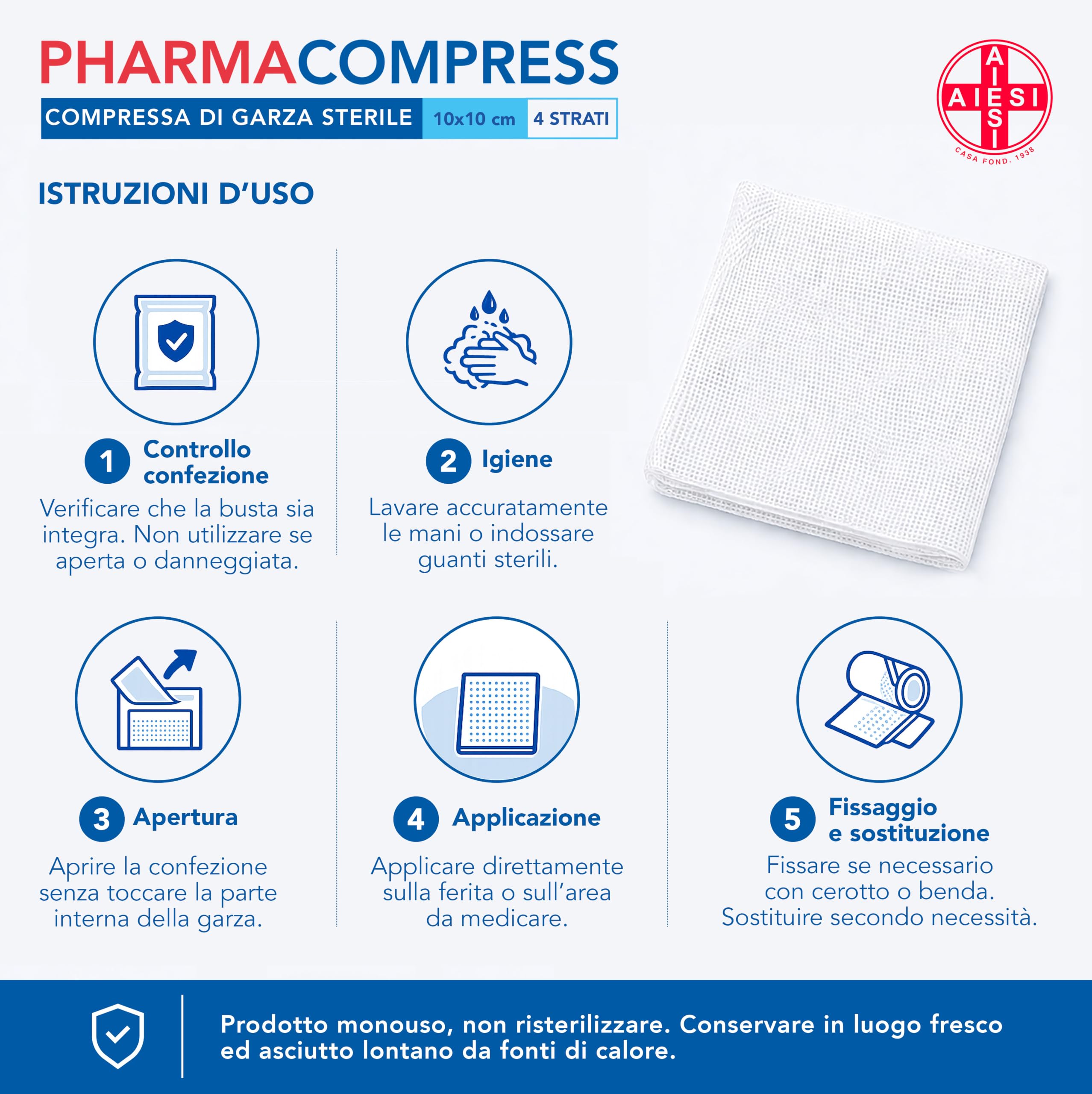 AIESI® Sterylne kompresy gazowe 10x10 cm (100 sztuk) pakowane pojedynczo PHARMACOMPRESS, składane kompresy bawełniane