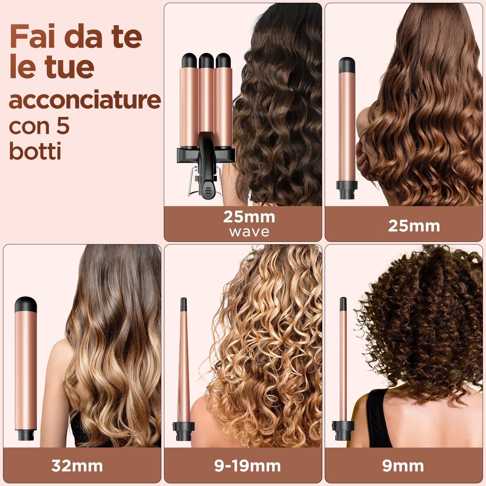 BESTOPE MIX Ferro Arricciacapelli 5 in 1 Set, Ferro Arricciacapelli Rivestimento in Ceramica, Piastra Onde per Capelli 2 Température150/210°C, Piastra per Onde con Ferri di Diverso Diametro