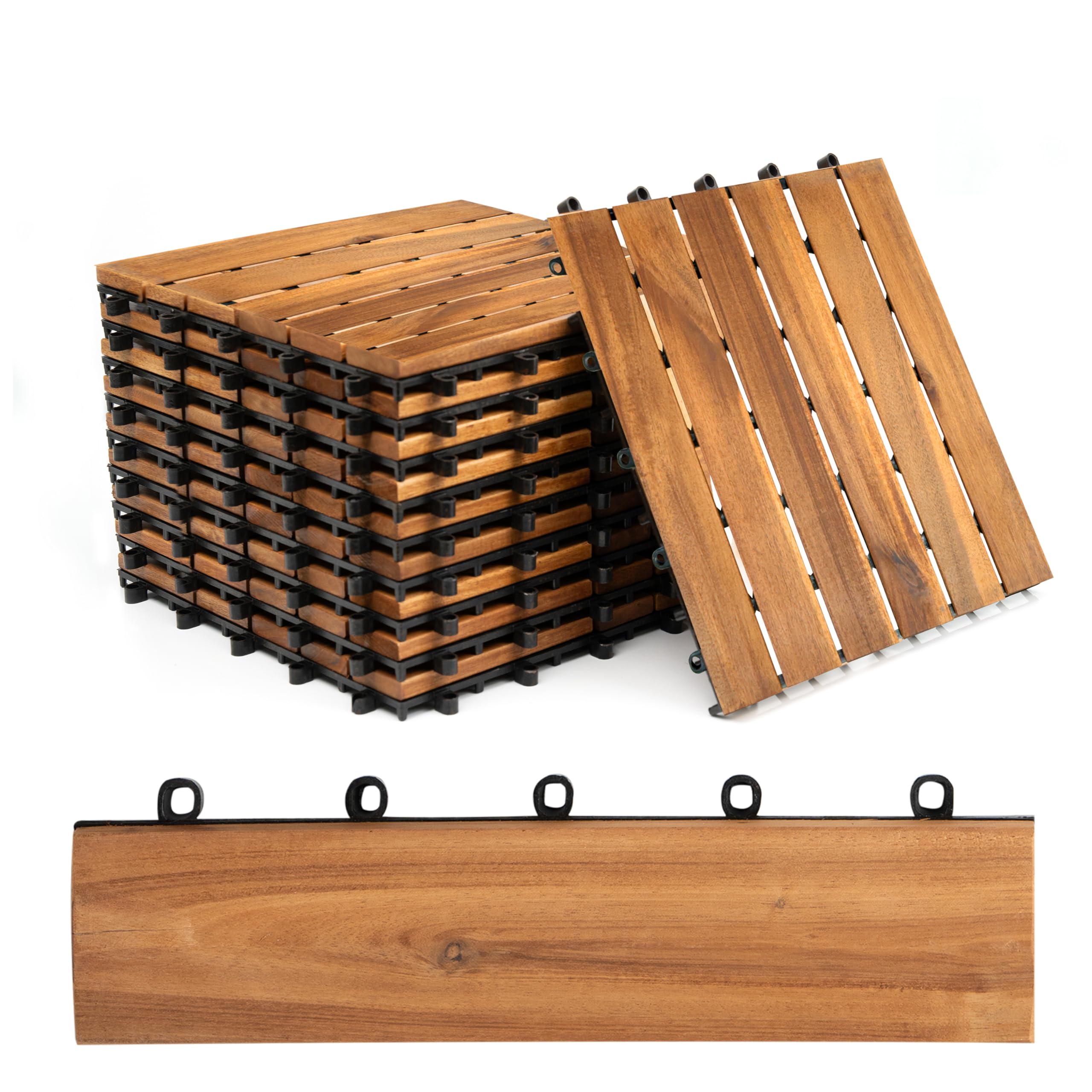 Crystals 6 Slat Interlocking Wooden Deck Tiles 30x30cm Hardwood Tiles for Patio, Balcony, Garden – Easy Installation, Durable Wood Solution, Great Drainage (12 x Decking Tiles + 8 x Edges)