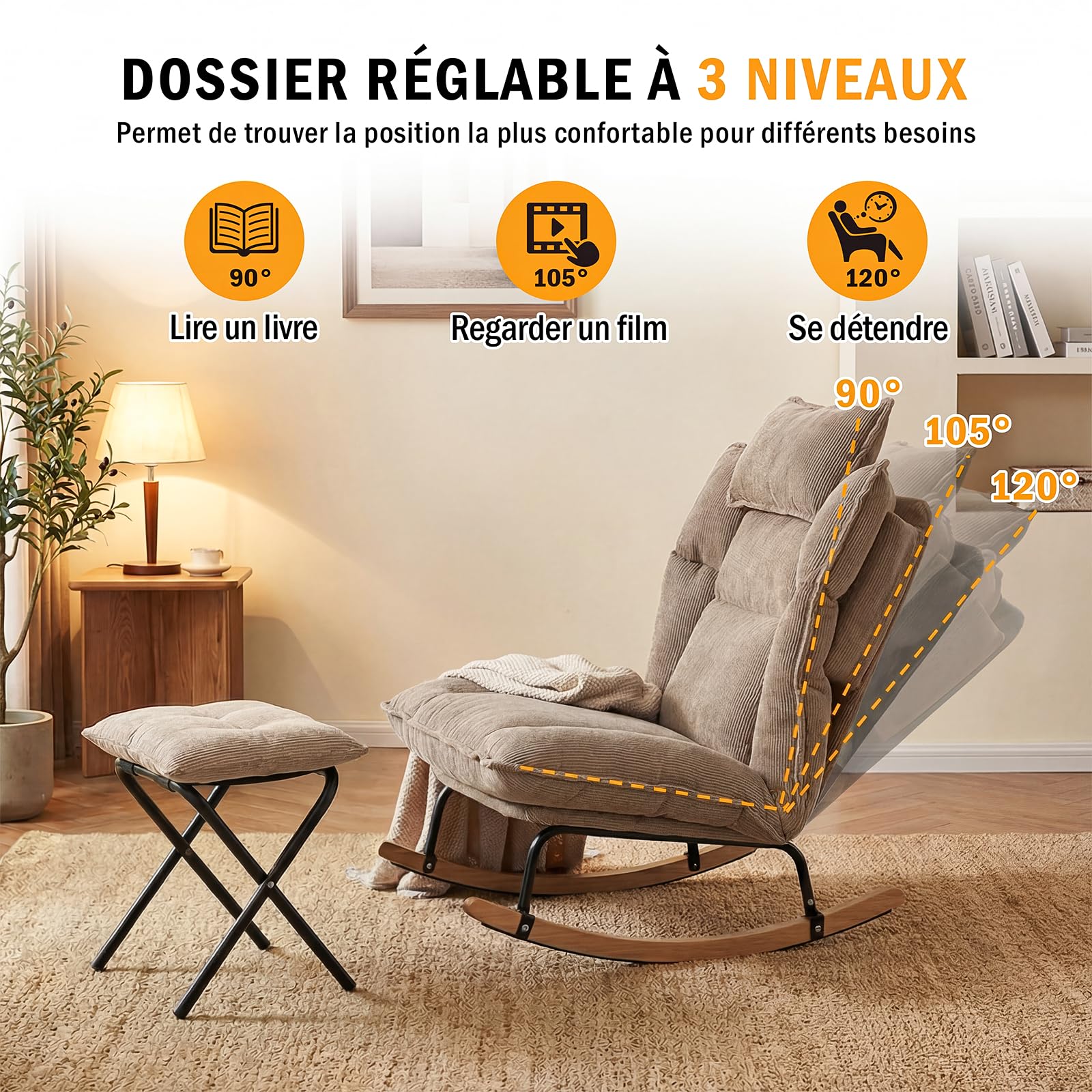 Fabulcozy Fauteuil à Bascule Réglable 3 Positions (90-120°), en Velours Côtelé avec Repose-Pieds Pliable et Coussin, Structure Métal et Pieds Bois d'Hévéa, pour Salon, Chambre,Allaitement,Kaki