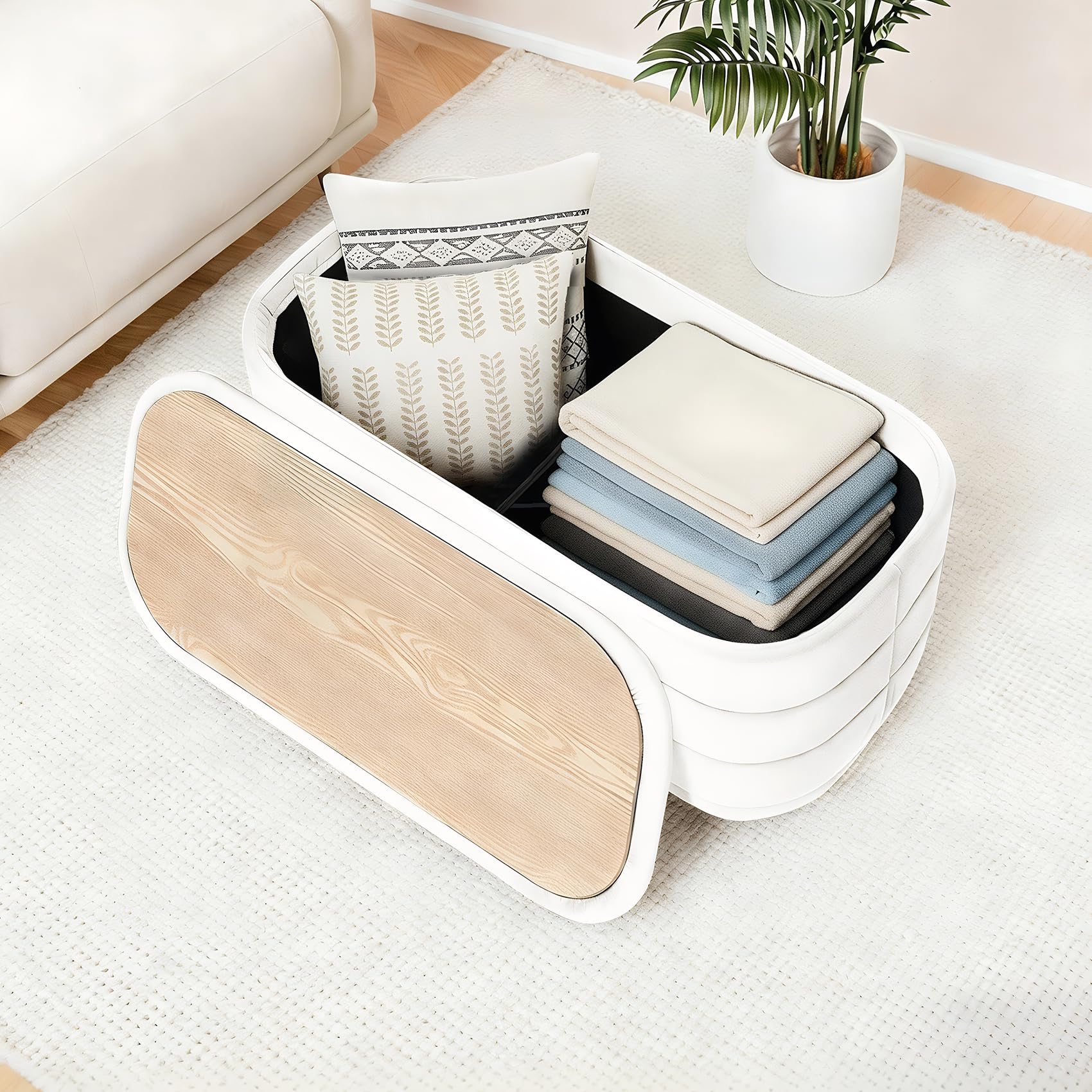 Bonlife Sitzbank mit Stauraum, Samt Klappbare Fußstütze mit Tisch, Bettende, Fußhocker für Wohnzimmer, Schlafzimmer, Flur, weißer Samt,76x38x38cm