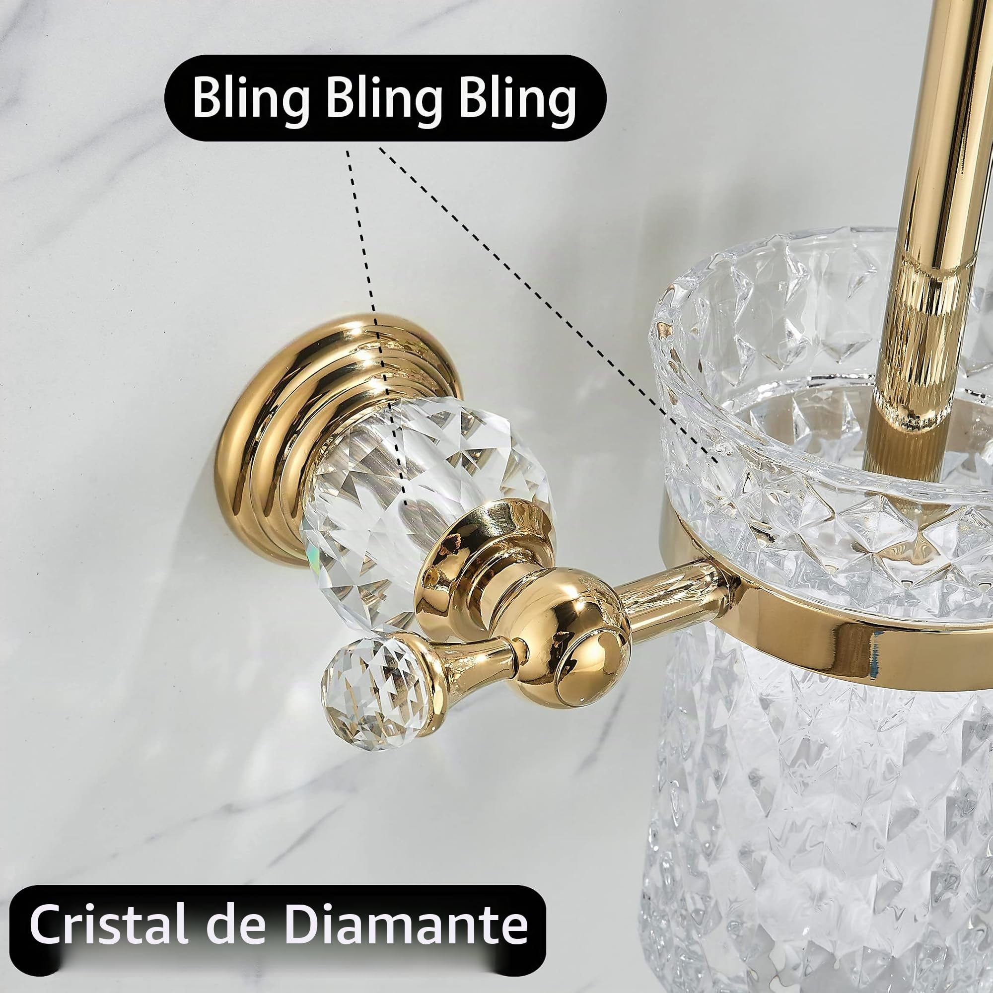WOLIBEER Soporte para escobilla de Inodoro de Cristal, Mango de Cepillo Dorado Pulido con Cabezal de Cepillo reemplazable, Juego de Limpieza de baño de Acero Inoxidable montado en la Pared