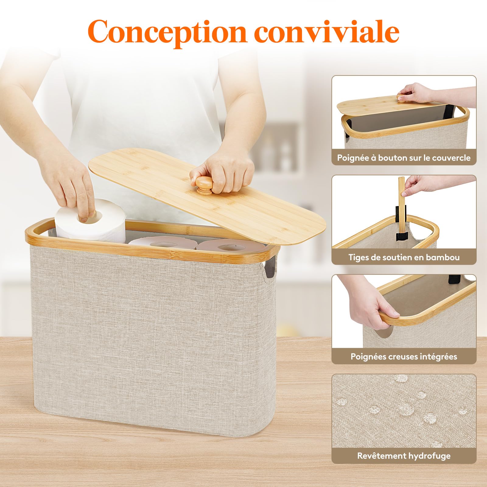 Lifewit Rangement Papier Toilette, Réserves à Rouleaux de Panier Papier Toilette WC avec Bambou Couvercle, Boite Rangement Salle de Bain, Accessoires WC, Panier Rangement Tissu, 23L, Beige