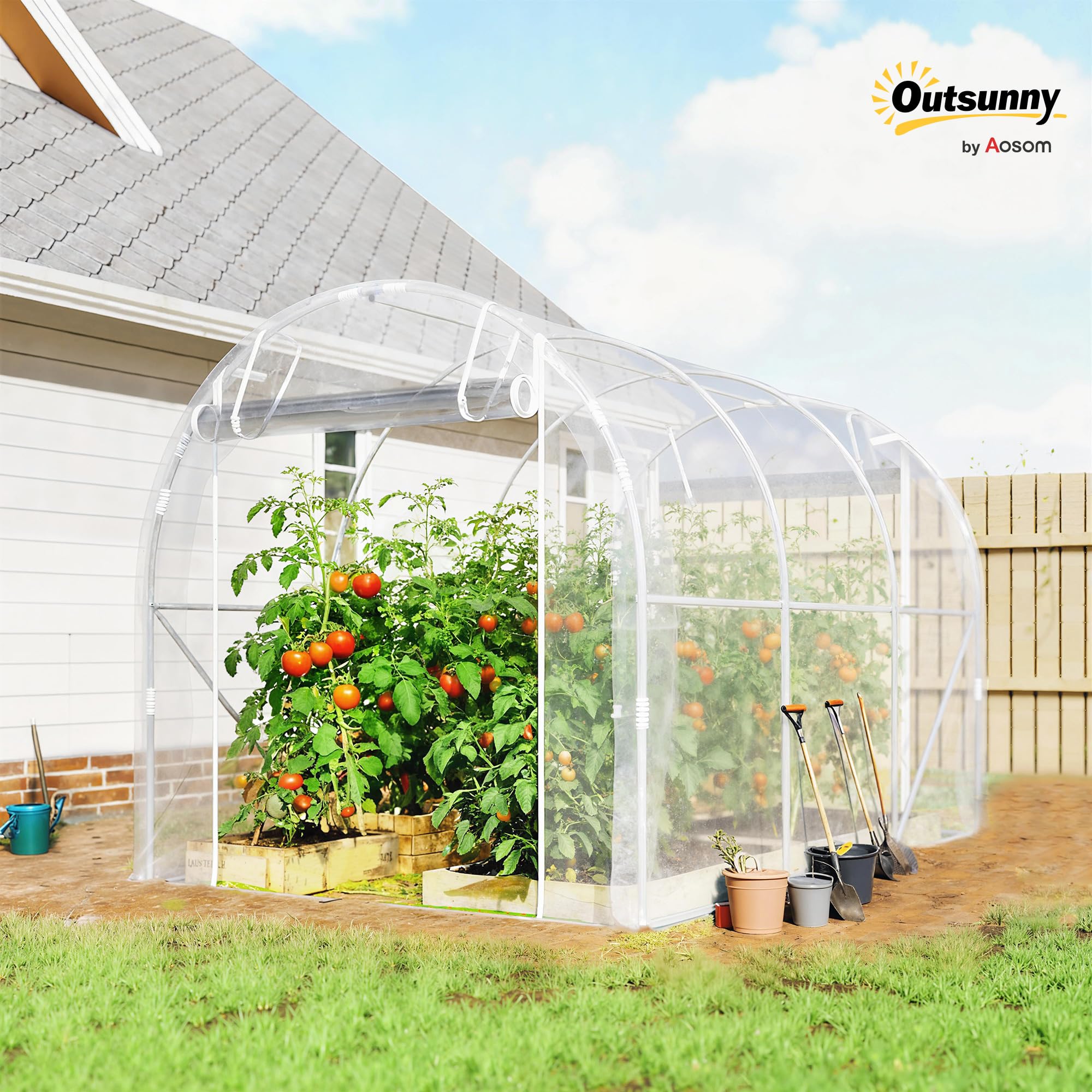 Outsunny Serre Tunnel de Jardin 6m², Serre de Jardin Tunnel 195x295x195cm avec Cadre Acier galvanisé, 2 Portes, bâche PE Haute densité 150g/m² prolongée de 20 cm, pour extérieur Transparent