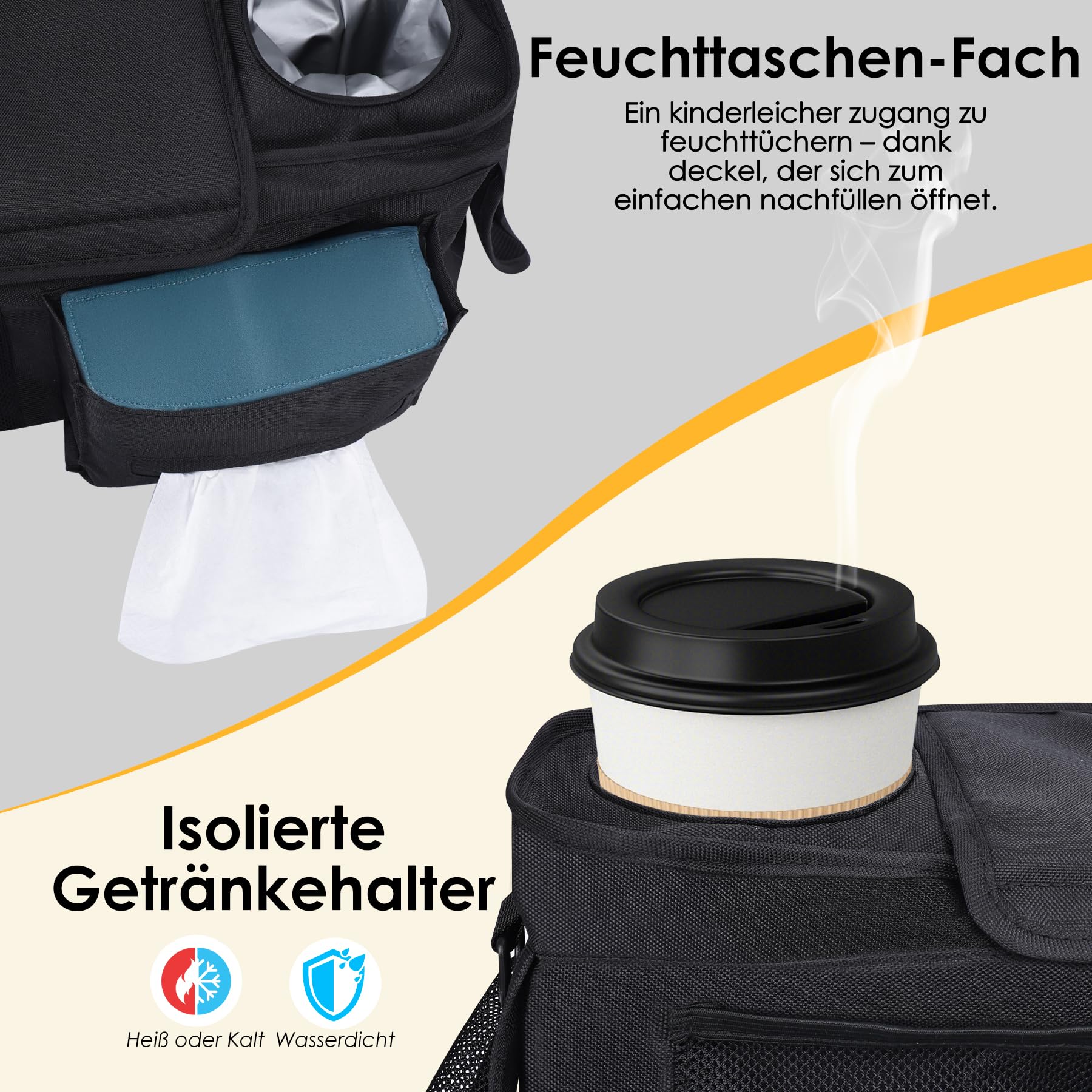 Universal Kinderwagen Organizer mit isolierten Getränkehalter/Becherhalter, Verstellbare Baby Buggy Kinderwagentasche für Windeln & Handys, Baby Kinderwagen Schultergurt & Zubehör (Schwarz)