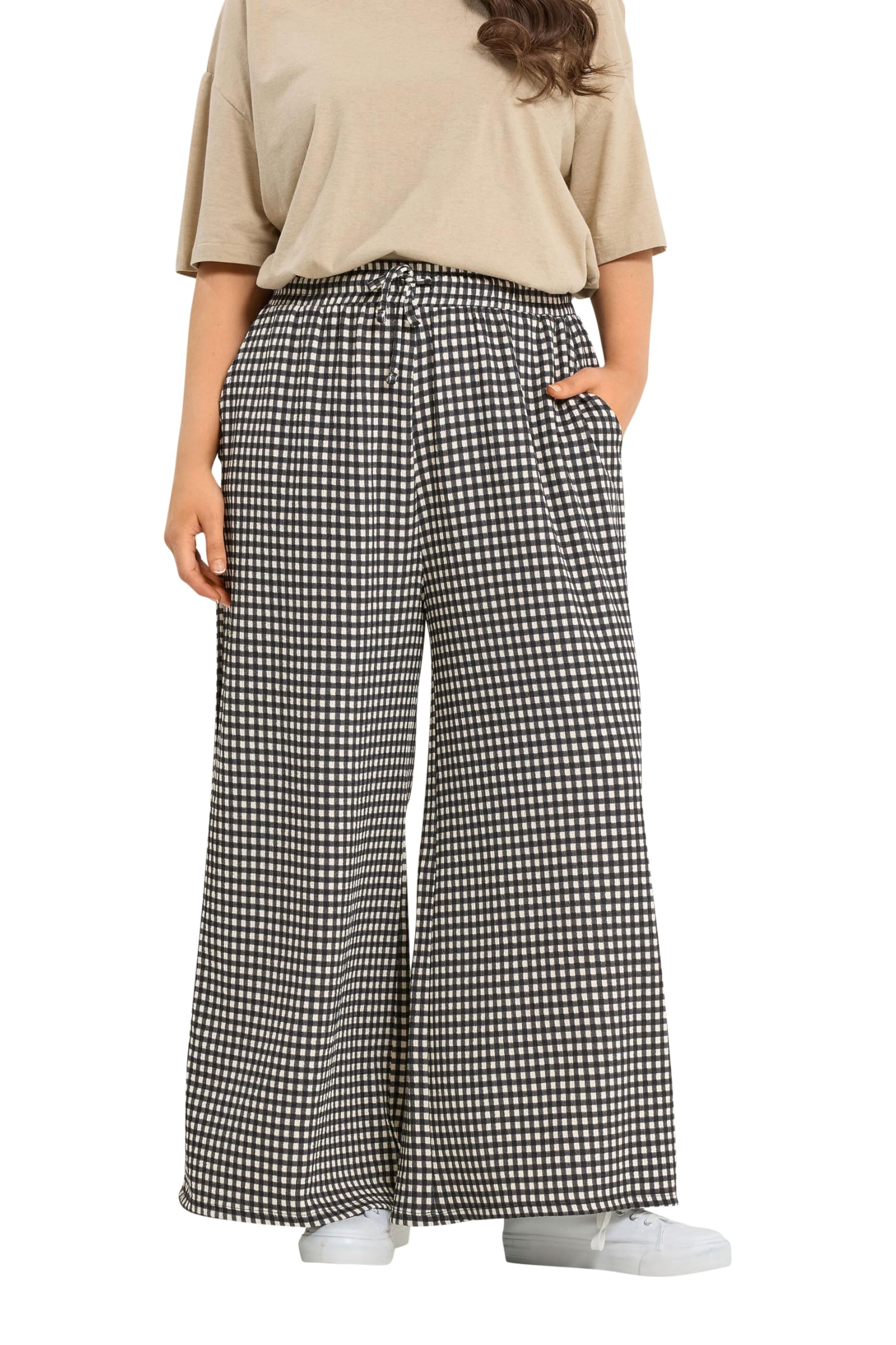 Yours Women's Black Curve Gingham Wide Leg Trousers - Plus Size Curve