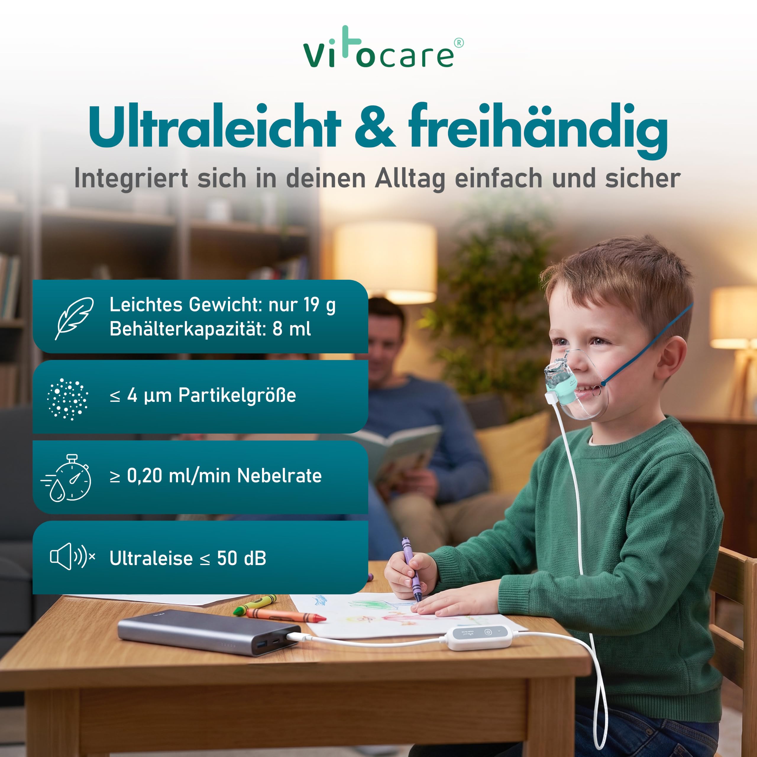 Inhalationsgerät Erwachsene & Kinder – vitocare VITOAIR Go 2.0 unltraleiser Inhalator mit 2 Masken-Größen, USB-C & USB, tragbares Inhaliergerät | Ultraleiser Betrieb, nur 19 g leicht 8 ml Behälterkapazität, sitzend oder liegend nutzbar, Reisebox inklusive