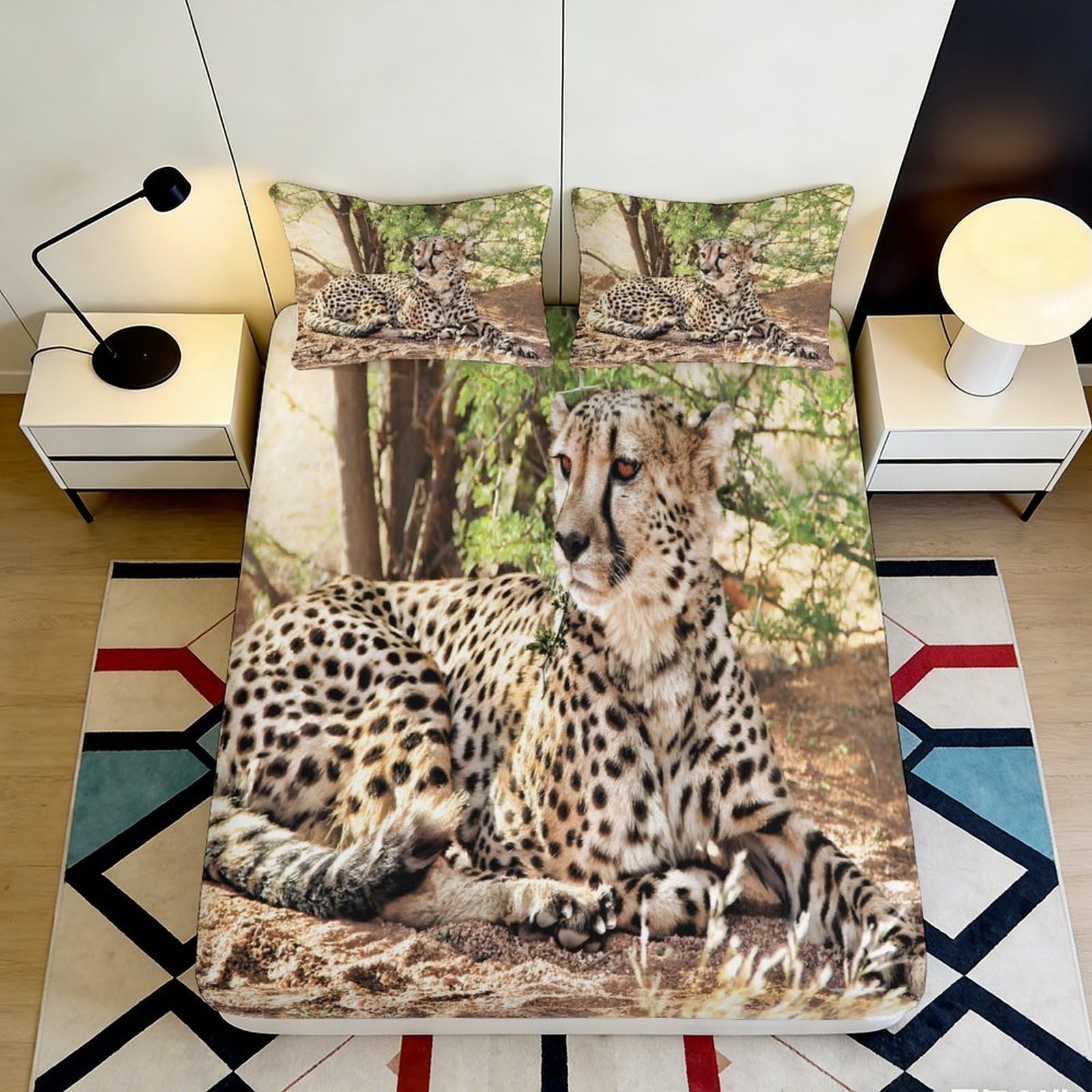 3D Printed Cheetah Forest Fitted Sheet Microfiber Soft Breathable Safari Wildlife Bed Cover for Bedroom Decor 90x200x25cm