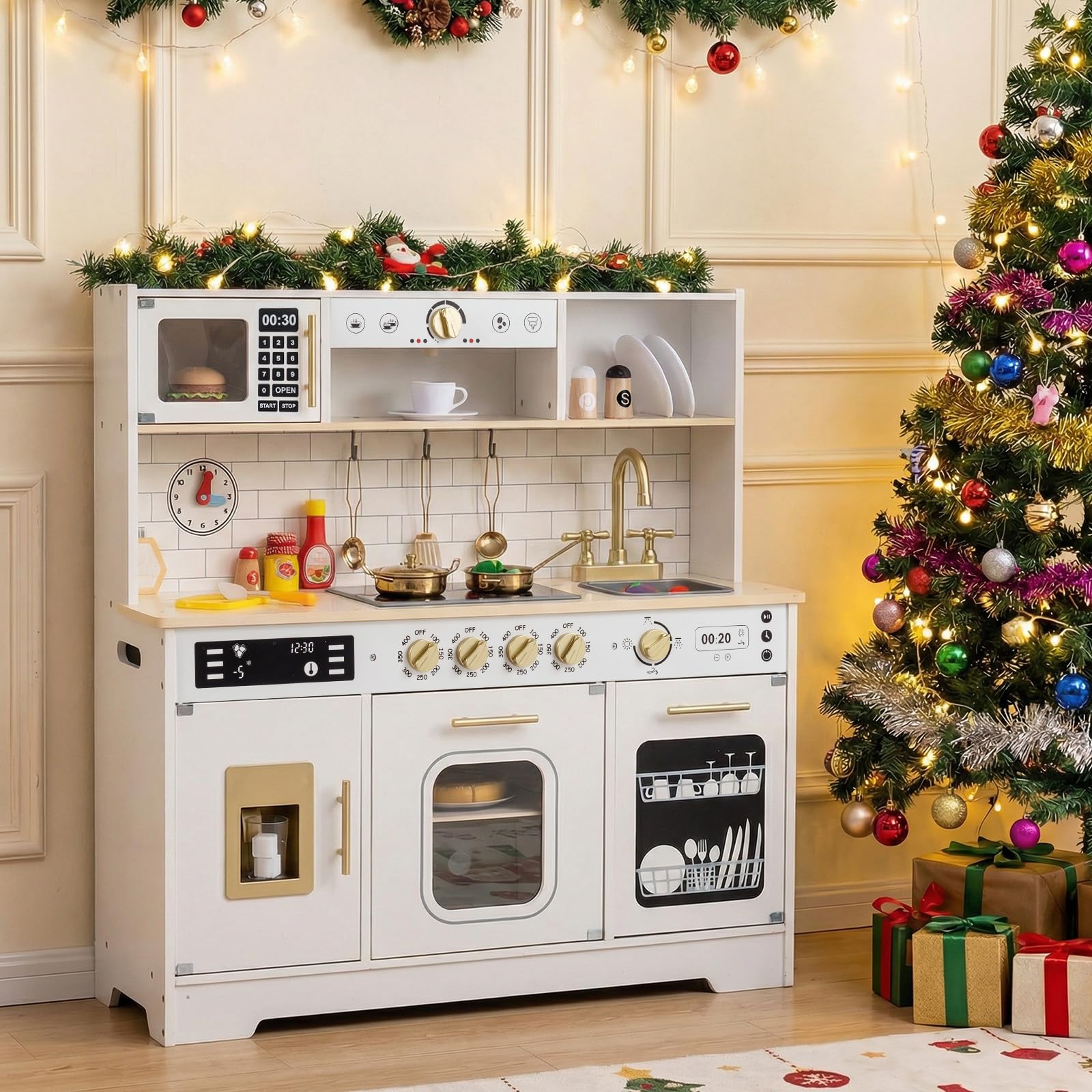 COSTWAY Kinderküche mit Licht & Sound, Spielküche Holz mit Herd, Spüle, Ofen, Eismaschine, Mikrowelle, Kaffeemaschine, Holzüche inkl. 14 Zubehör, Spielzeugküche für Kinder ab 3 Jahren (Weiß)