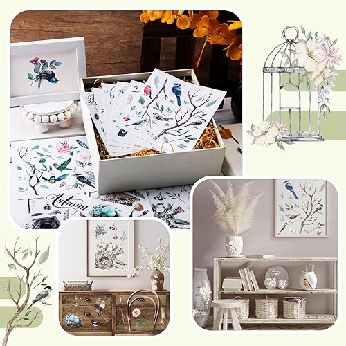 Miniatura 5 de 12 hojas de calcomanías para transferencia para manualidades y muebles, calcomanías clásicas de pájaros, floral, lavanda, mariposa, para el hogar,