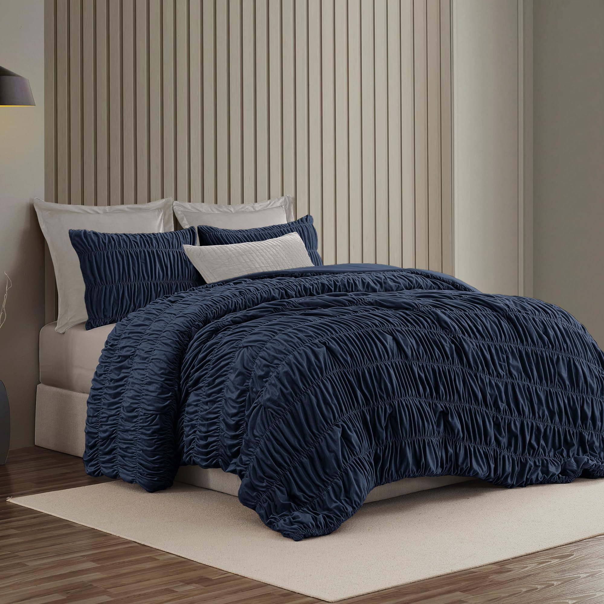 Wonderful Luxury Ruched Velvet King Size Navy Quilt Set, Handcrafted Quilted 3 Piece Ruffle Crinkle Striped Reversible, Cotton-Like Feel, Fluffy Lightweight Comforter Bedding Set