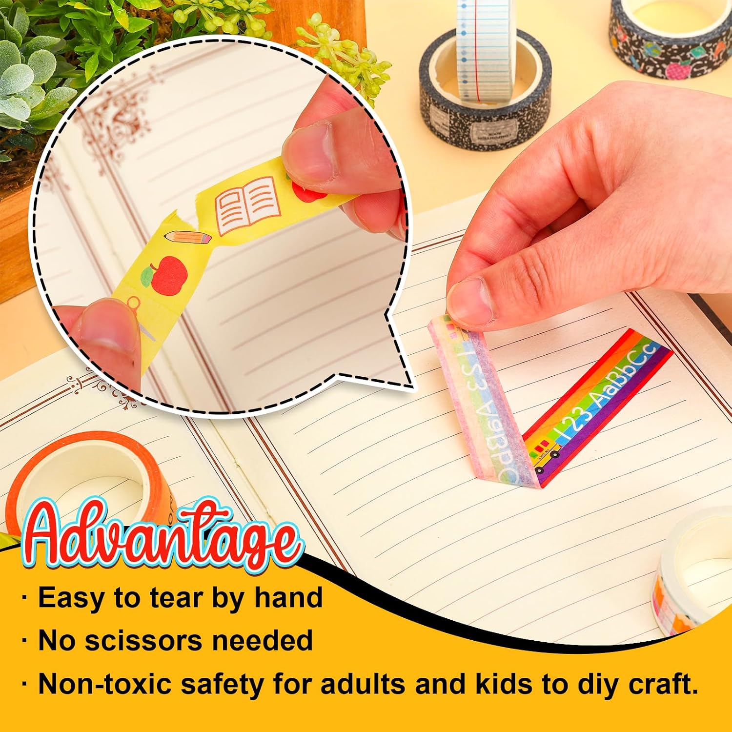 Whaline 12 Rolls Back to School Washi Tape Masking Tape Set Composition Notebook Speckled Pencil Apples Classroom Wrapping Paper Tapes for First Day of School Scrapbook Journal DIY Crafts image 3