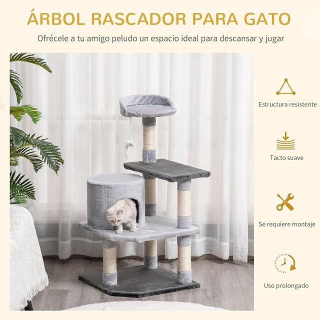 Foto 3 de 8 de PawHut Árbol para Gatos Rascador Grande con Plataformas Casetas Ratón de Juego 100cm Tablero de partículas…