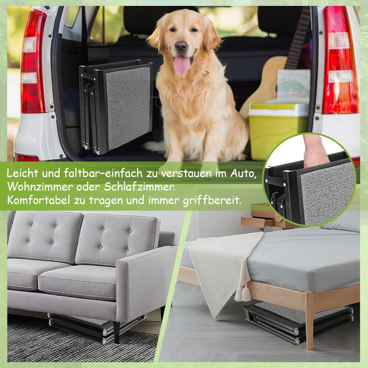 Hunderampe Auto Klappbar 170x44cm, Faltbare & rutschfeste Hundetreppe Auto & SUV bis 80kg, Aluminium Rampe mit Schlingen-Teppich Oberfläche, Leicht & Stabil, Hund Rampe Grau