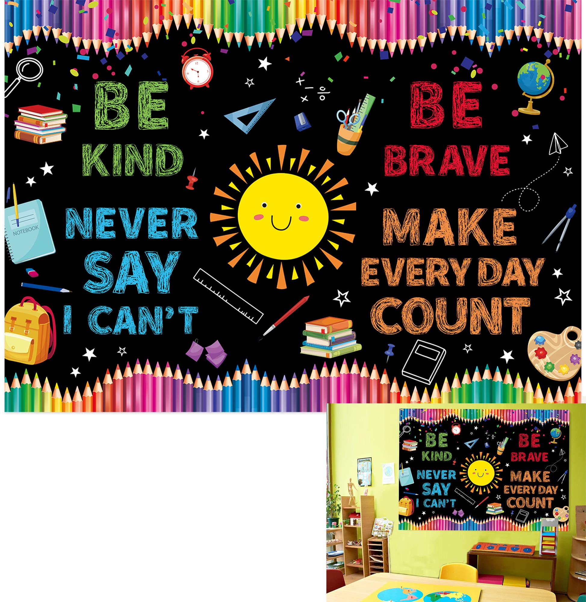 7x5ft Kind Brave Motivational Backdrop Kindergarten Background Blackboard Rainbow Pencil Kid Classroom School Hallway Party Photo Booth Decor