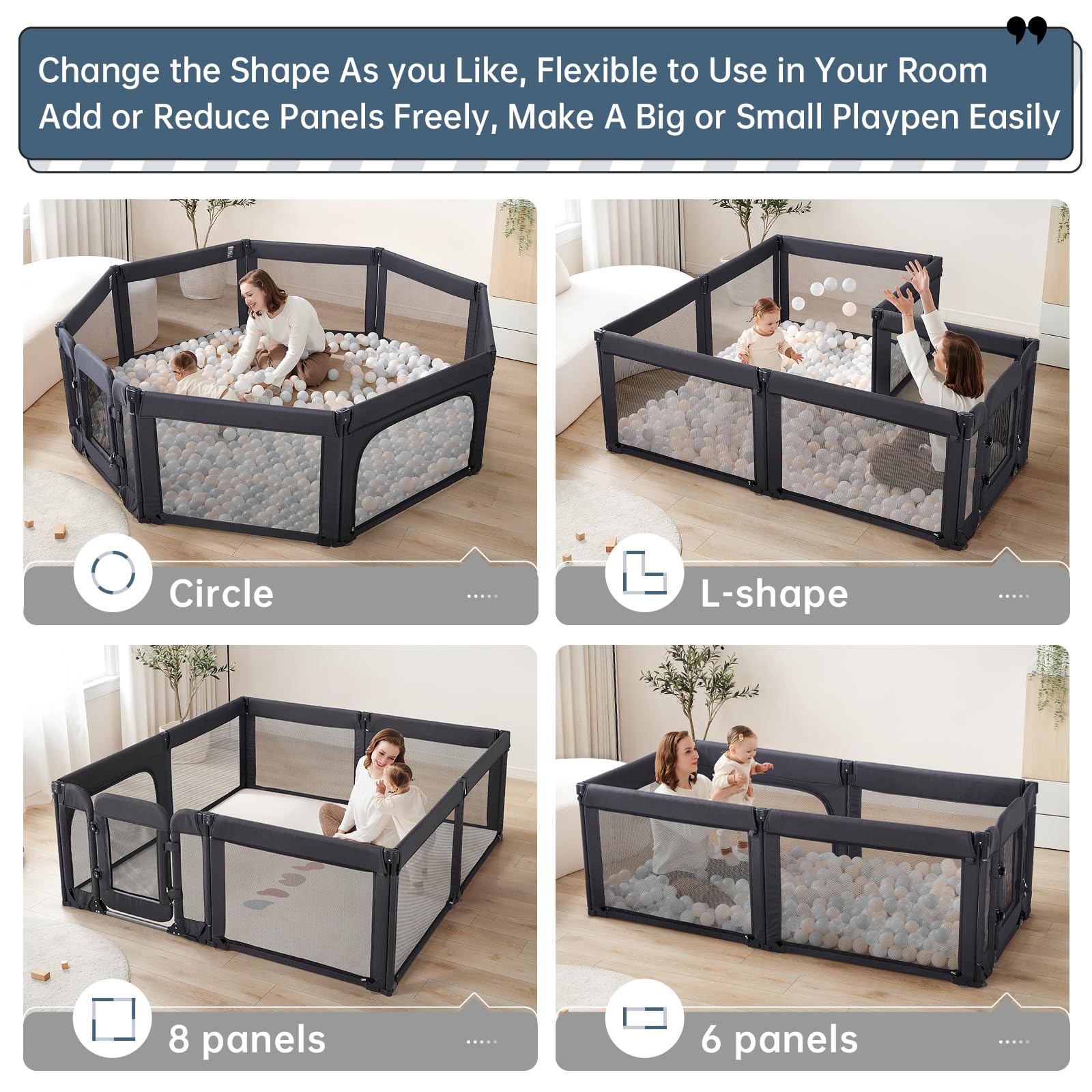 Extra Large Playpen for Toddlers with Baby Door - 79x71 Inch, Adjustable Playard with Non-Slip Suction Cups, Indoor/Outdoor, Black