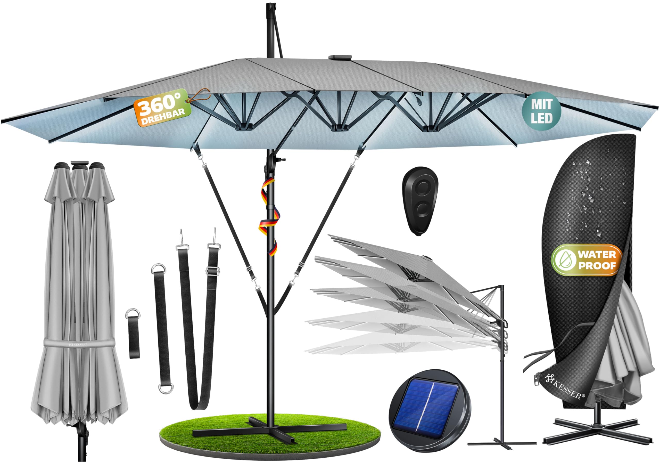 KESSER® Sonnenschirm Doppelsonnenschirm mit LED 4,6m x 2,7m | Ampelschirm Abdeckung| Kurbelschirm Aluminium wasserabweisend Neigbar Kippbar 360° Drehbar Hellgrau