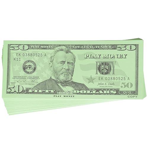 Vista 2 de LEARNING ADVANTAGE Juego de 50 billetes de papel de 50 dólares de 50 dólares – Diseñado y tamaño como moneda real de Estados Unidos – Enseña moneda