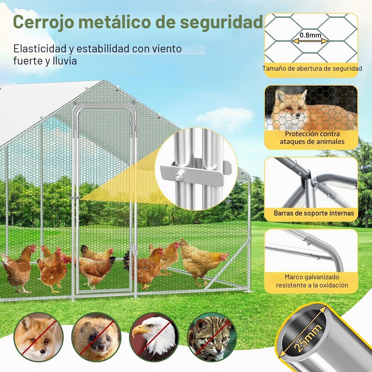 Gallinero con zona libre, 3x3x2m con cerradura de seguridad y tela impermeable de PE, fácil de limpiar, zona libre para gallinas, jaula para pájaros, pequeños animales y plantas