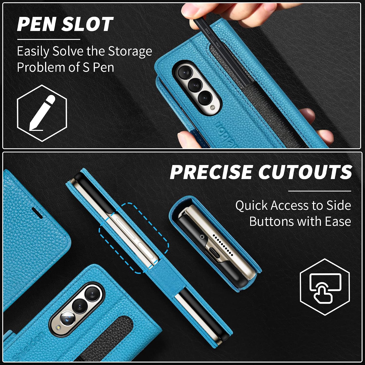 SHIELDON Wallet Case for Galaxy Z Fold4, Genuine Leather Full Grain Case, S Pen Holder, RFID Blocking Card Holder Magnetic Kickstand Shockproof Case Compatible with Galaxy Z Fold 4 2022 - Litchi Blue