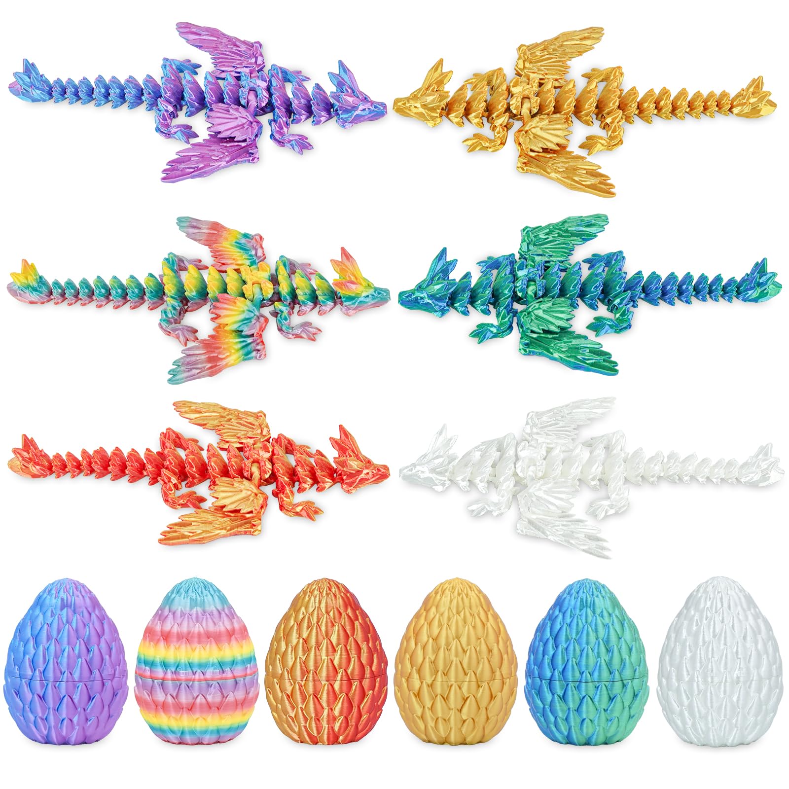 Balkwan Dragon Eggs Gift Set including Surprise Mini Winged Dragon Inside 3D Printed Articulated Crystal Toy Easter Eggs Fun Toy Christmas Basket Stuffers for Kids Boys and Girls (6pcs)