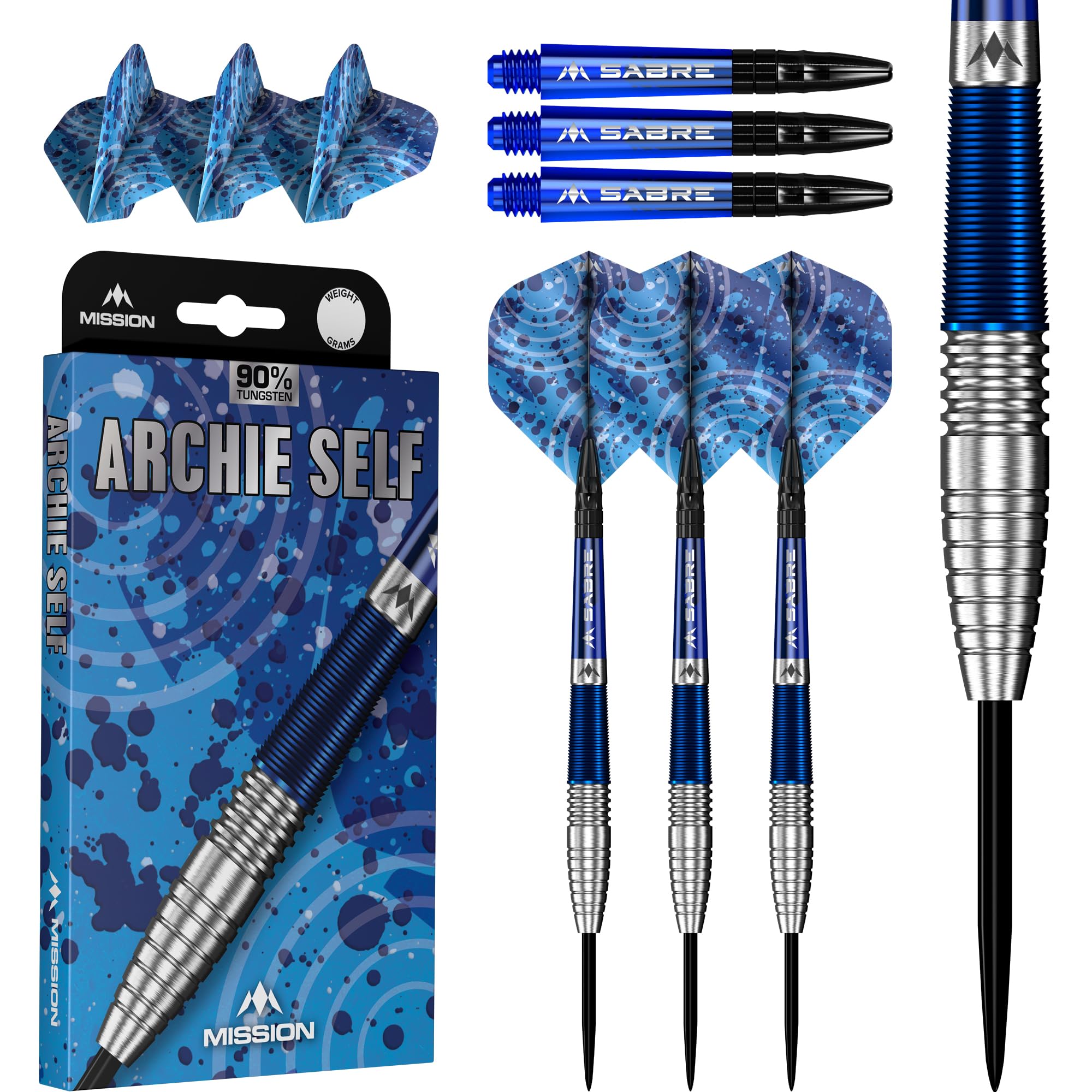Mission Darts | Archie Self Darts | Steel Tip | 90% Tungsten | Blue & Silver | 22g or 24g Weight (24.0, Grams)