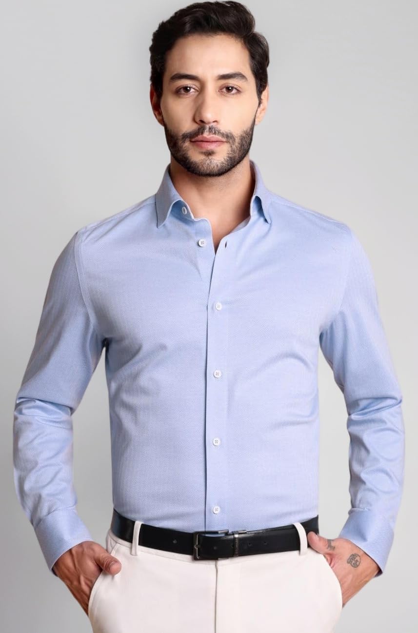 100% Cotton – Stretch Sky and White Herringbone Print Shirt Contrast Fabric Details | Business Shirts Semi-Casual Shirts Casual