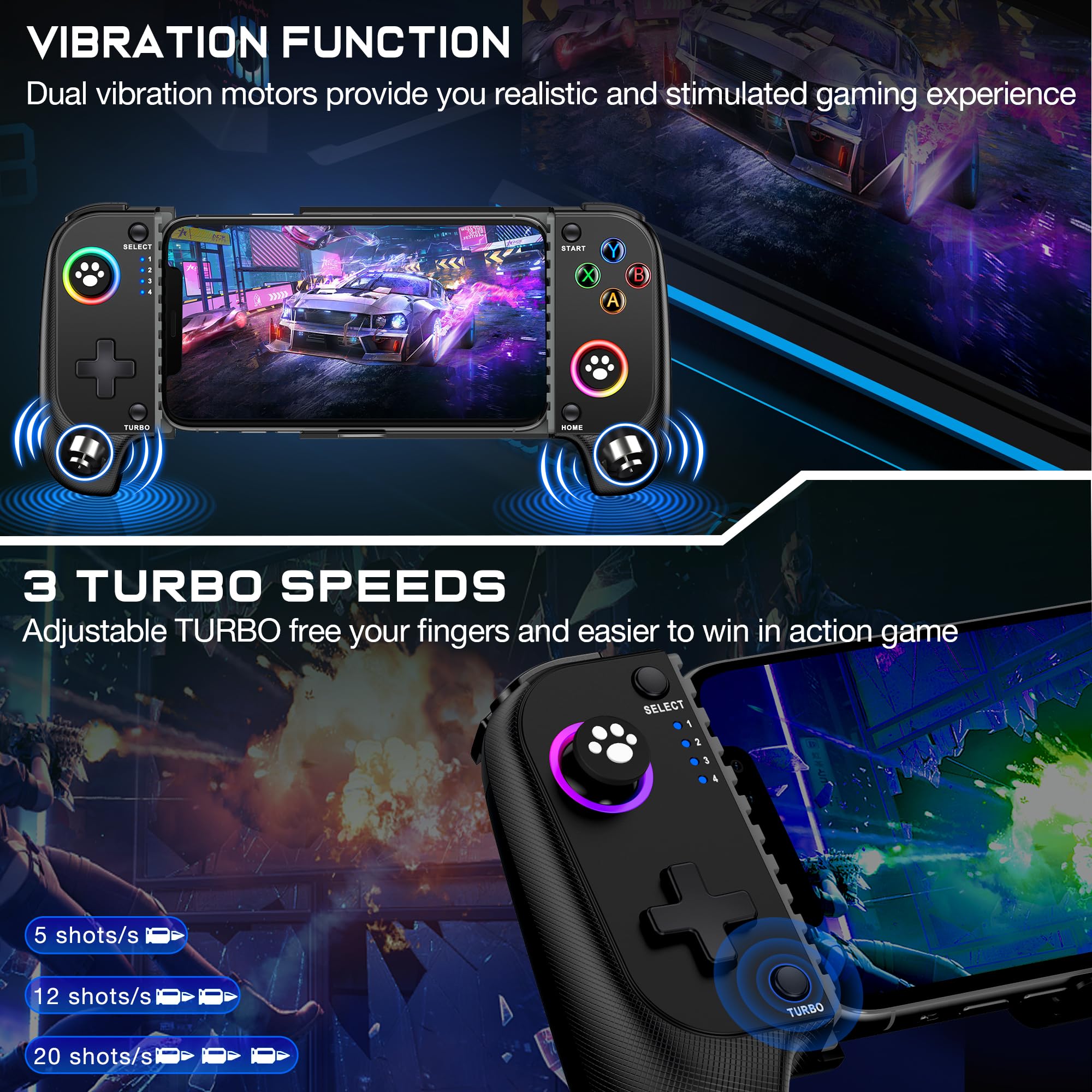 KICKDOT Controller wireless per iPhone/Android con joystick Hall, controller di gioco mobile per iOS Supporto Xbox Game Pass, PlayStation, Steam Link, Call of Duty, Roblox, Cloud Gamepad