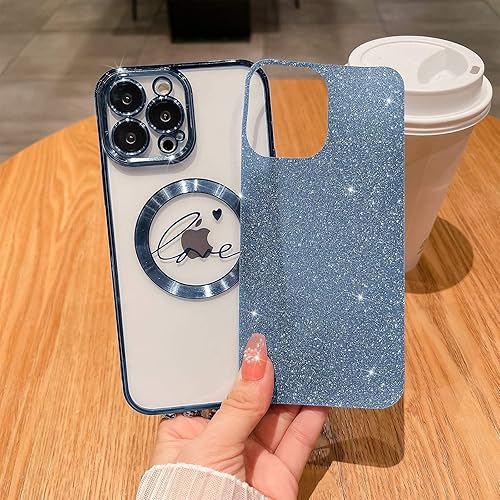 Miniatura 3 de MGQILING Funda magnética con purpurina compatible con iPhone 11 Pro Max de 6.5 pulgadas, funda transparente de lujo, con diseño de corazón chapado