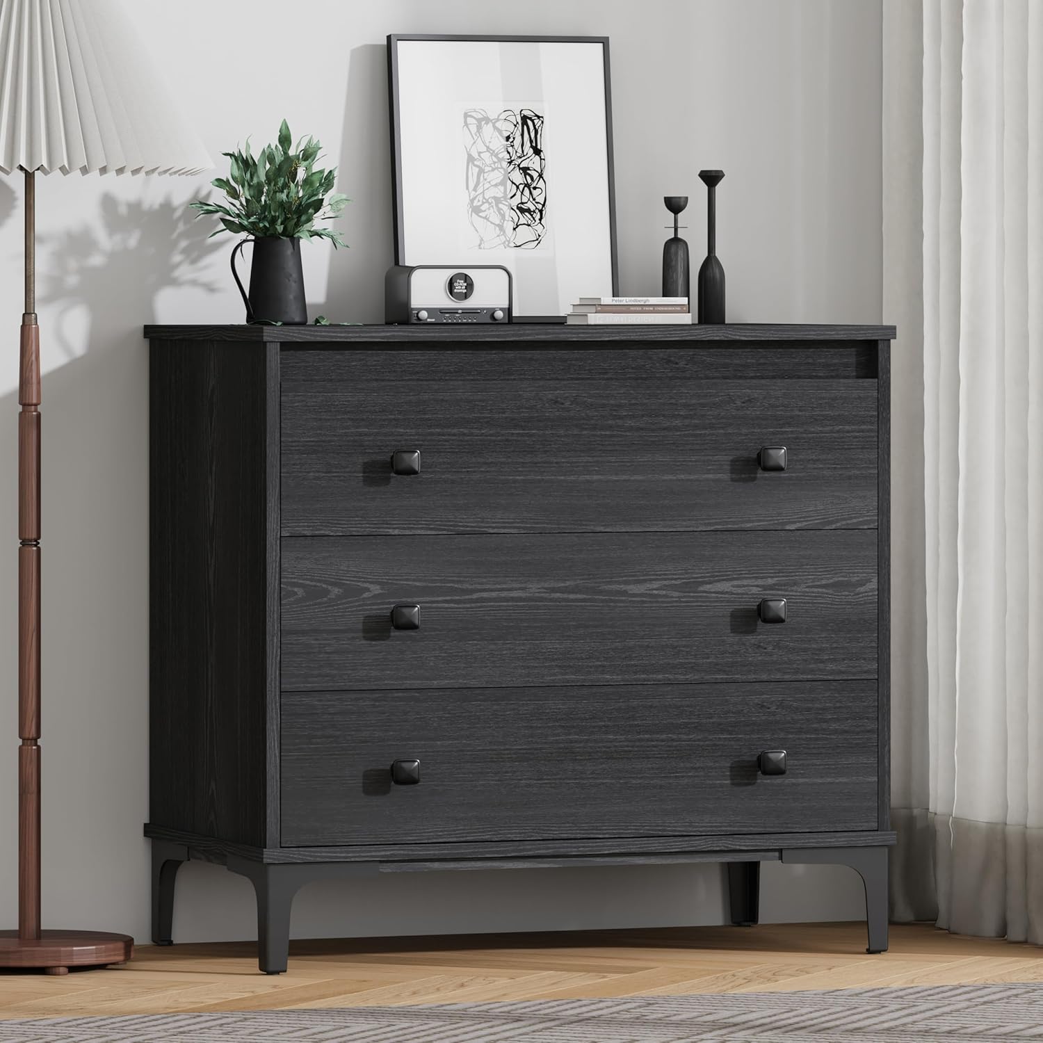 Dresser for Bedroom 3 Drawer Wood Dresser 31.4" Wide, Chest of Drawers for Bedroom, Living Room, Hallway, Entryway, Modern TV Stand Drawer Organizer, Black
