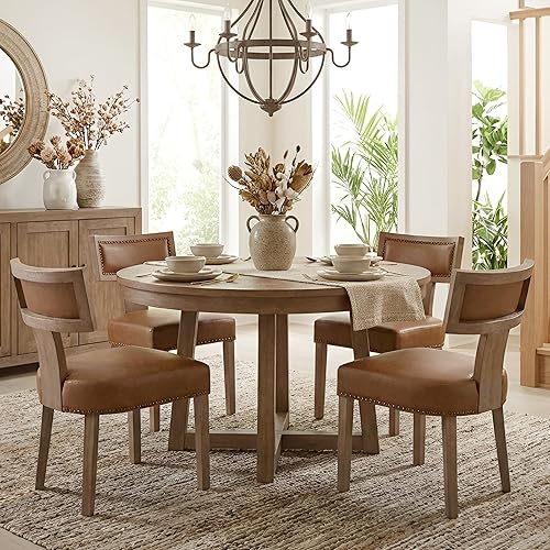 Miniatura 14 de HNY Juego de 4 sillas de comedor modernas de mediados de siglo, sillas de acento tapizadas en tela de lino estilo granja con respaldo curvado y