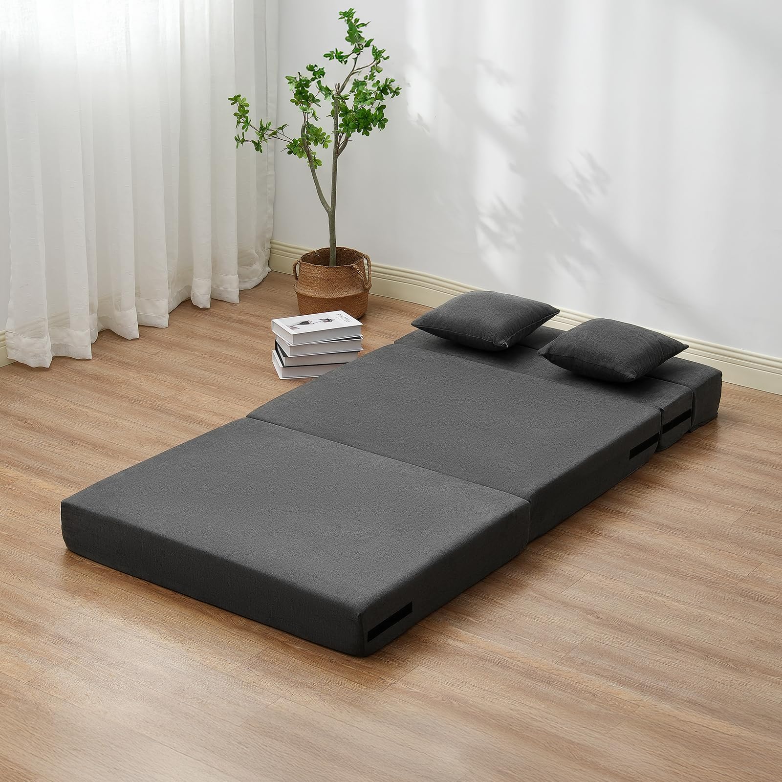 VEVOR Divano Letto Pieghevole con 2 Cuscini e Fodera Lavabile, Poltrona Letto Trasformabile in Memory Foam ad Alta Densità 25D, Divano Futon per Soggiorno, Camera da Letto, Grigio Scuro Singolo