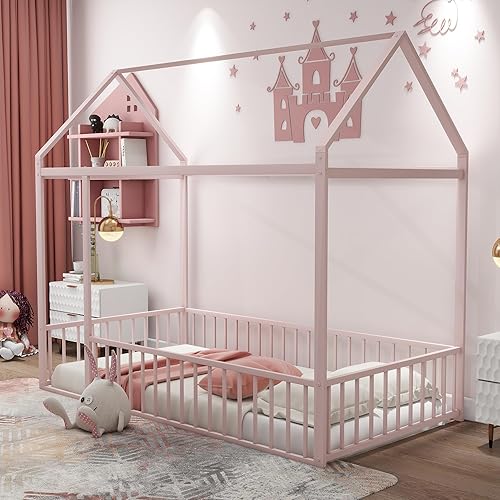 Cama de casa de tamaño individual con diseño de valla y techo, marco de cama de metal, cama de piso doble, marco de cama Montessori para niños,