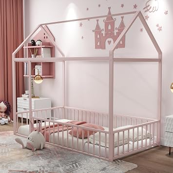 Twin Size Metal Bed with Roof,Low Floor Beds Frame,w/Fence,for Kids Teens Girls Boys Bedroom,Can Be Decorated,Box Spring Required,Pink