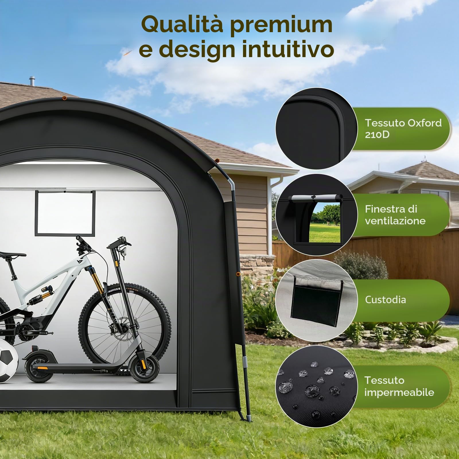 Tenda da campeggio per 2 – 3 biciclette, garage portatile per biciclette 200 x 80 x 165 cm, con tessuto Oxford 420D PU4000, resistente all'acqua, portatile, campeggio, tenda ausiliaria per bicicletta