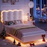 HIFIT Upholstered Twin LED Bed Frame with Charging Station and Adjustable Crystal Button-Tufted Puffs Headboard, Velvet Princess Floating Platform Bed Frames for Girls/Kids, No Box Spring Needed,Beige