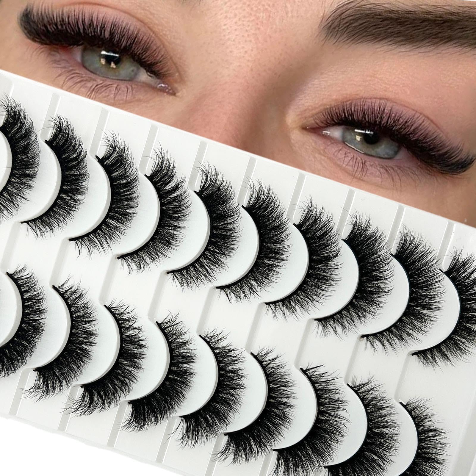loladook Cat Eye Lashes Mink 3D Natural Faux Mink False Strip Lashes Pack Soft C Curl Wispy 16mm