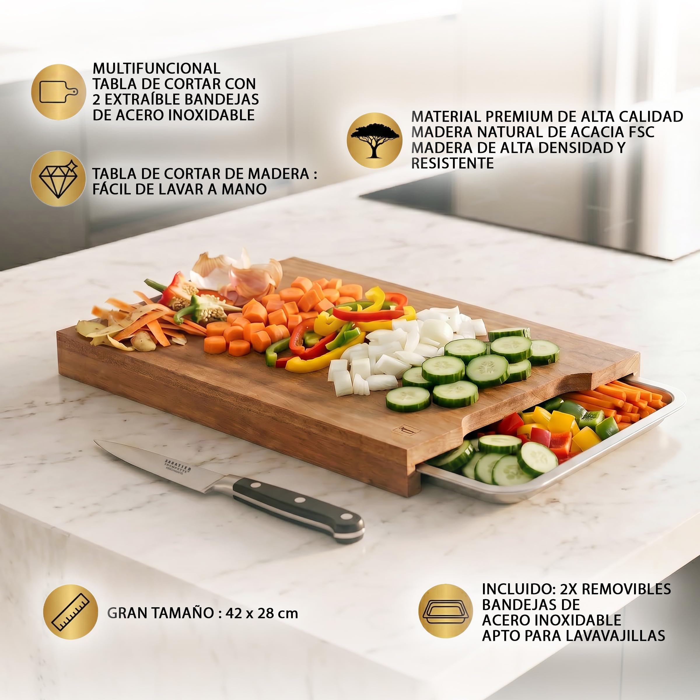 Sabatier Trompette Planche à découper avec tiroirs + Office, Bois acacia