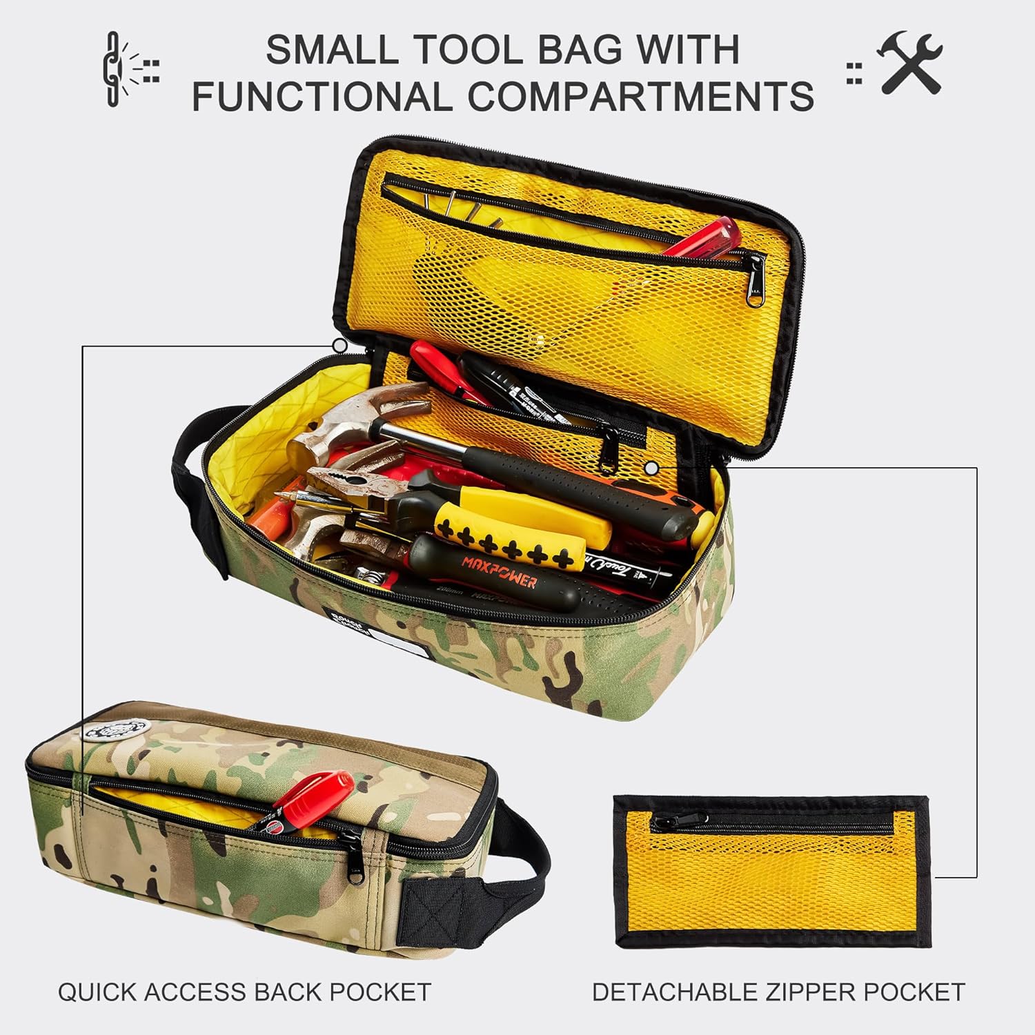 Rough Enough Small Tool Bag with Zipper 12" Portable Tool Pouch Case, Heavy-Duty Padded Organizer for Electricians, Motorcycle Repair and Camping, Camo
