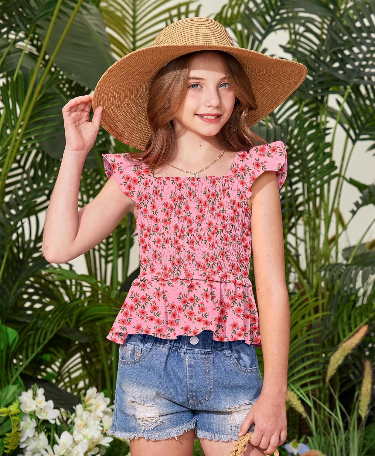 BesserBay Girls Summer Ruffle Cap Sleeve Square Neck Tank Top Peplum Hem Smocked Cute Babydoll Blouse 5-14 Years - Image 5