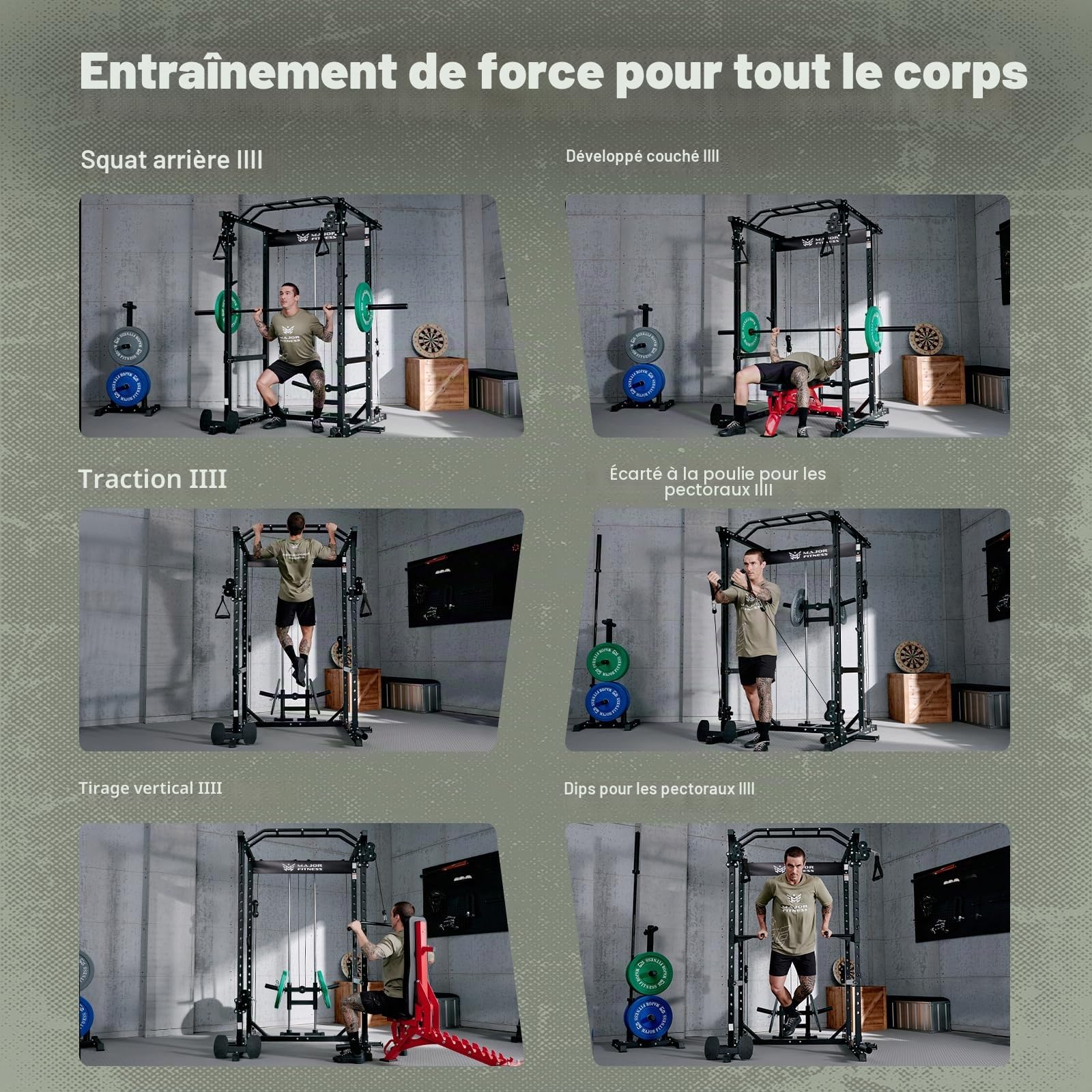 MAJOR FITNESS Drone1 Power Cage – Support d'alimentation multifonction pour salle de sport à domicile, support de squat, système de croisement de câbles, pour entraînement de force, construction en