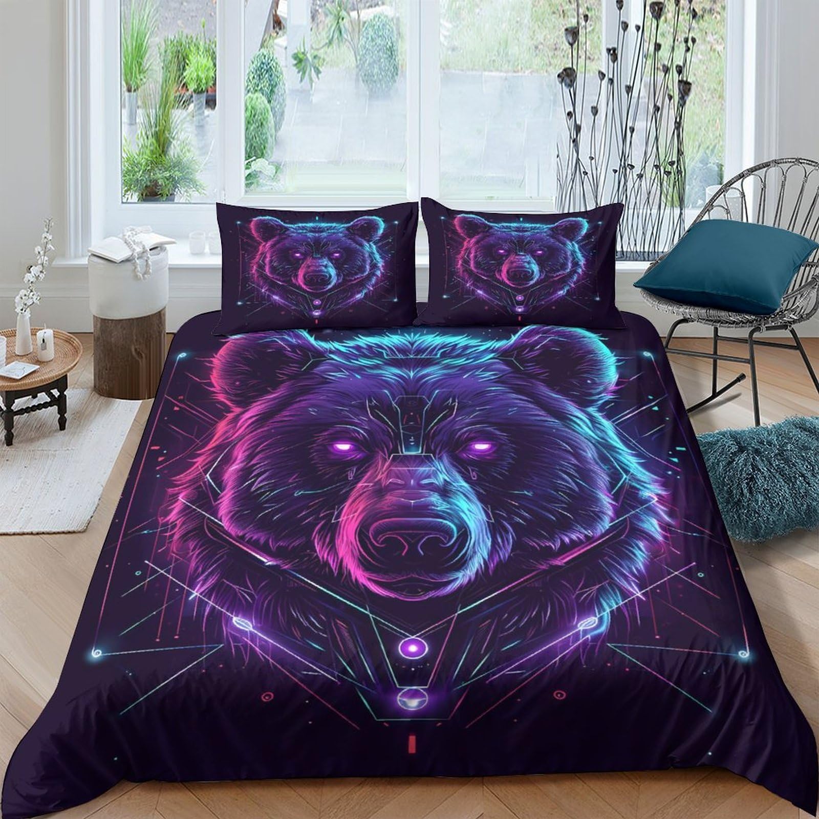 Ctjqhvkz Style-4 3D Printed Neon Bear Fitted Sheet Microfiber Soft Anti-Slip Cosmic Purple Mattress Cover For Bedroom Guest Room Decor Single（135X200cm）