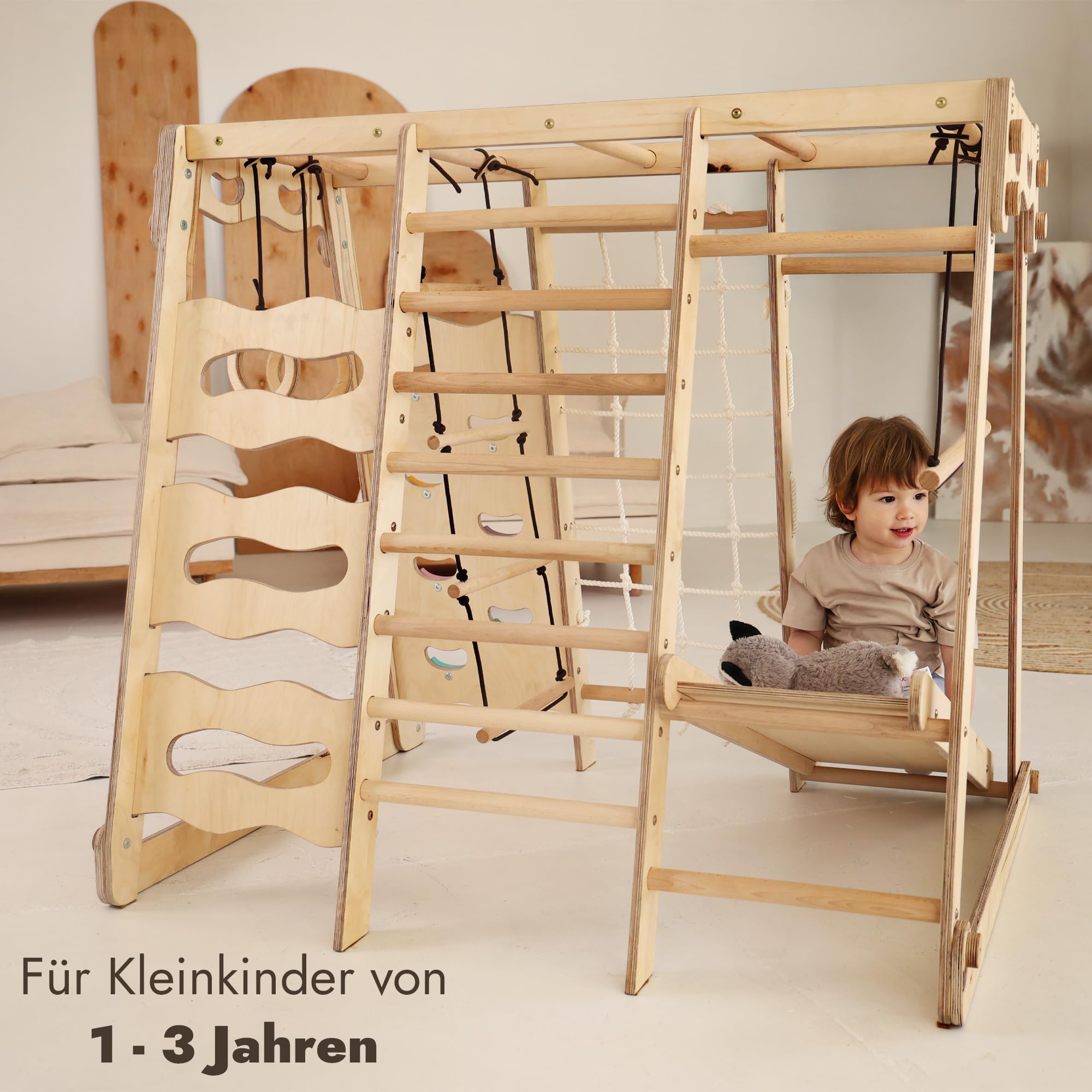 Goodevas Juego de escalada 9 en 1 para interiores para niños, juego de escalada Montessori con tobogán, columpio, pared de escalada, triángulo de escalada – parque de juegos para dormitorio infantil