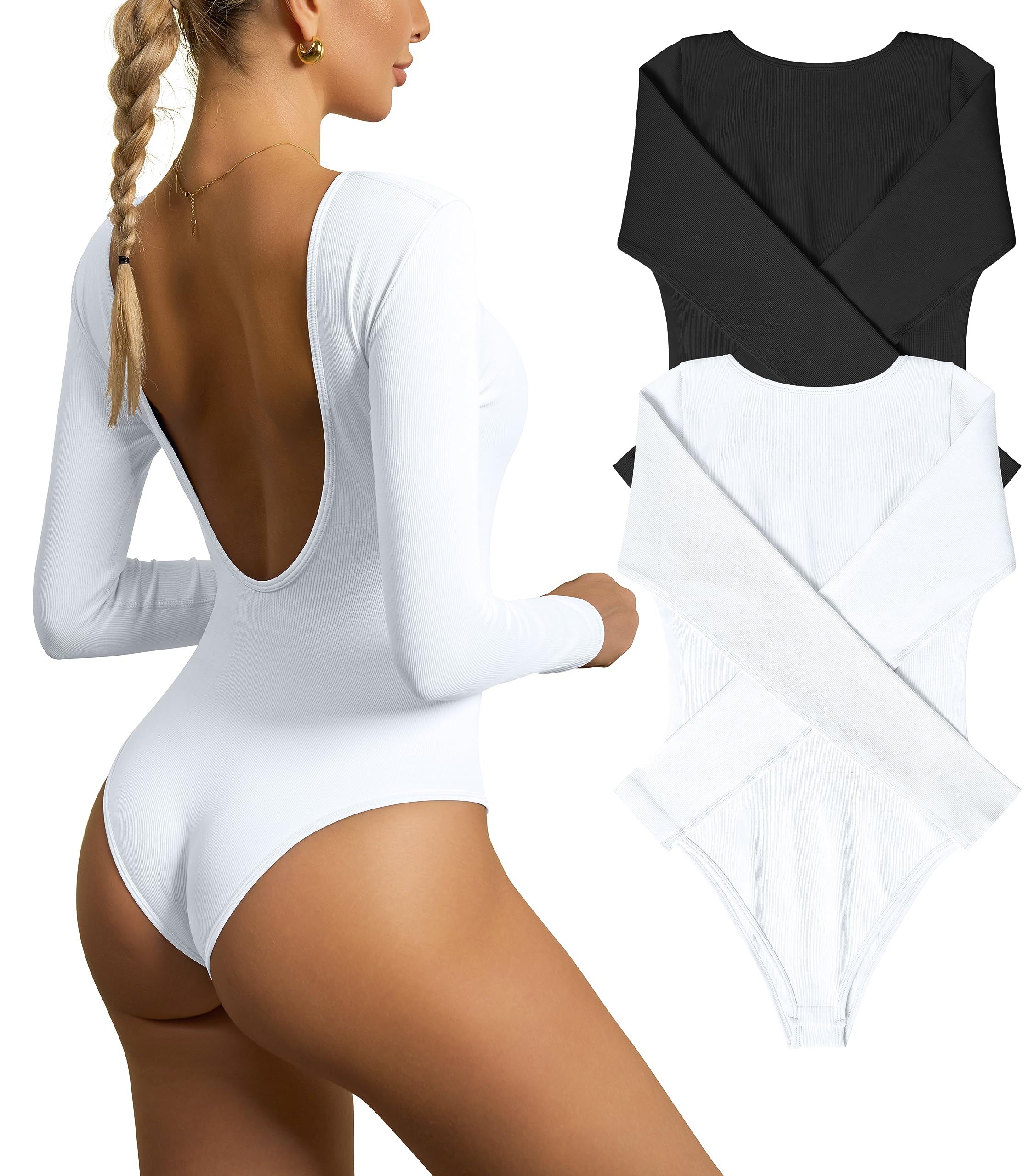 Photo 1 of SIZE LARGE OQQ Women's 2 Piece Bodysuits Sexy Backless Round Neck Long Sleeve Ribbed Tops Bodysuits Black,white Large