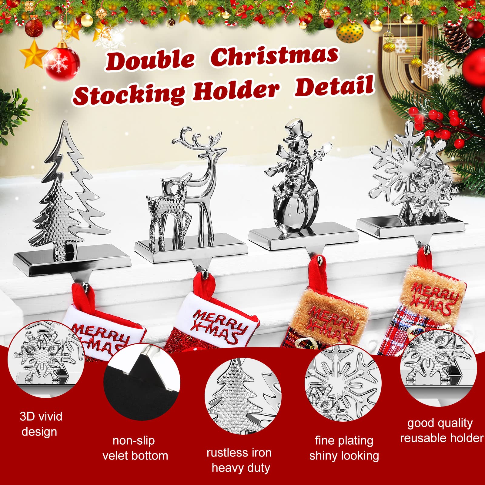Christmas Stocking Holders for Mantel Double Snowflake Reindeer Snowman Tree Stocking Hanger Stocking Hooks Anti-Slip Mantle Hangers for Fireplace Christmas Home Party Decor (Layered Style,4 Pcs)