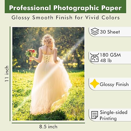 Miniatura 2 de Papel fotográfico brillante de 8.5 x 11 pulgadas, 48 libras, 6.35 ozm, papel fotográfico profesional brillante, tamaño carta, trabajo seco