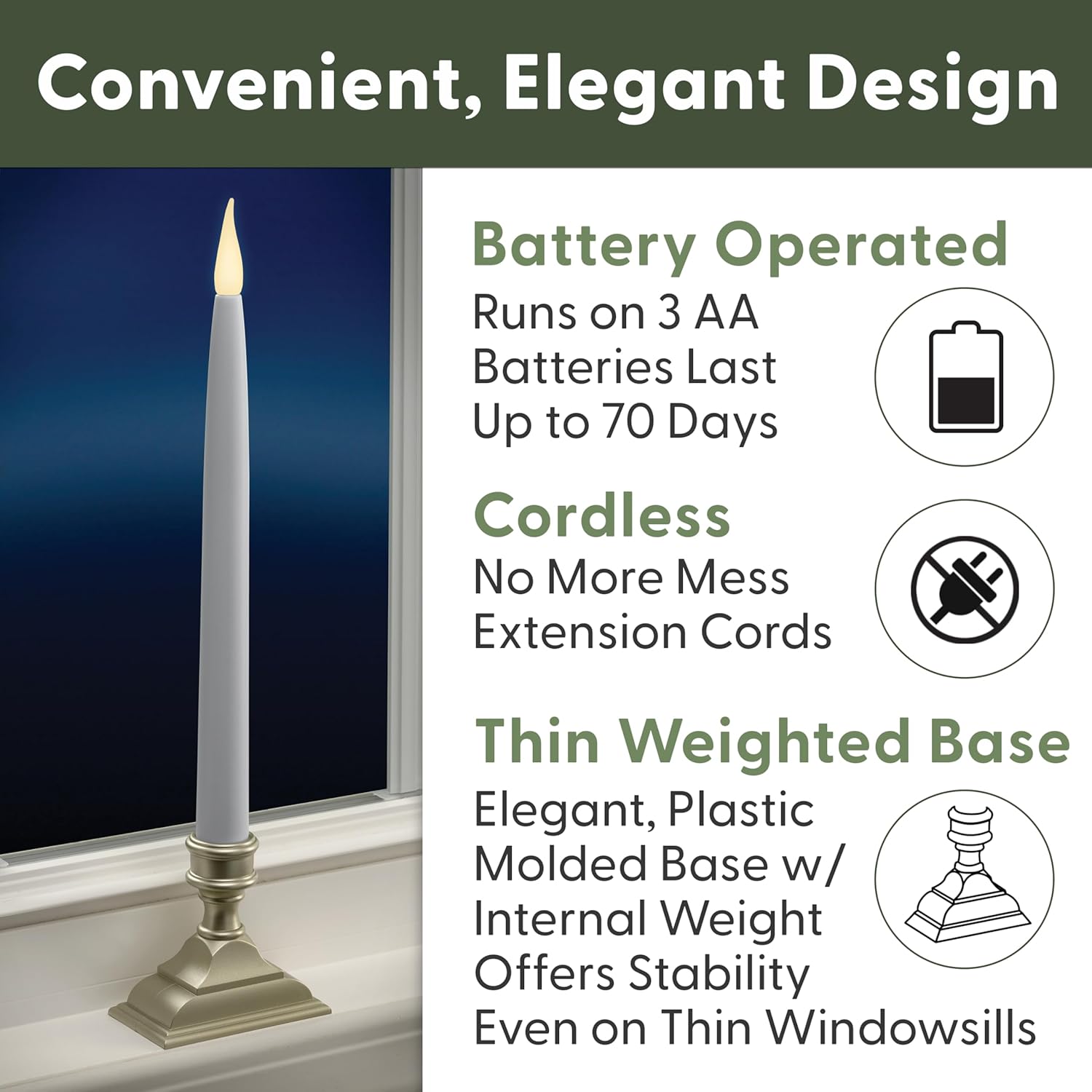 612 Vermont Battery Operated LED Taper Window Candles with Timer (6 on/18 Off), Patented Warm White Dual LED Flicker Flame, VT-1660P-4 (Pack of 4, Pewter)