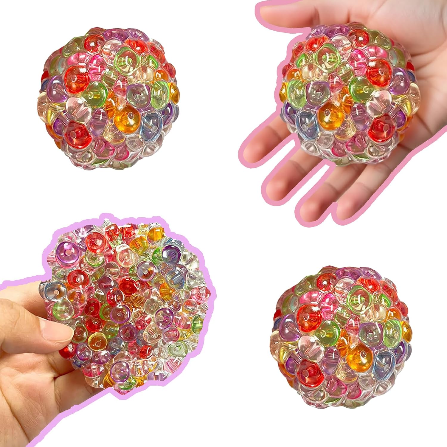 Handmade Grape Noisy Squishy Ball for Adults, White Beads Sensory Fidget Toys for Kids Stress Relieve (Colorful Round Beads)