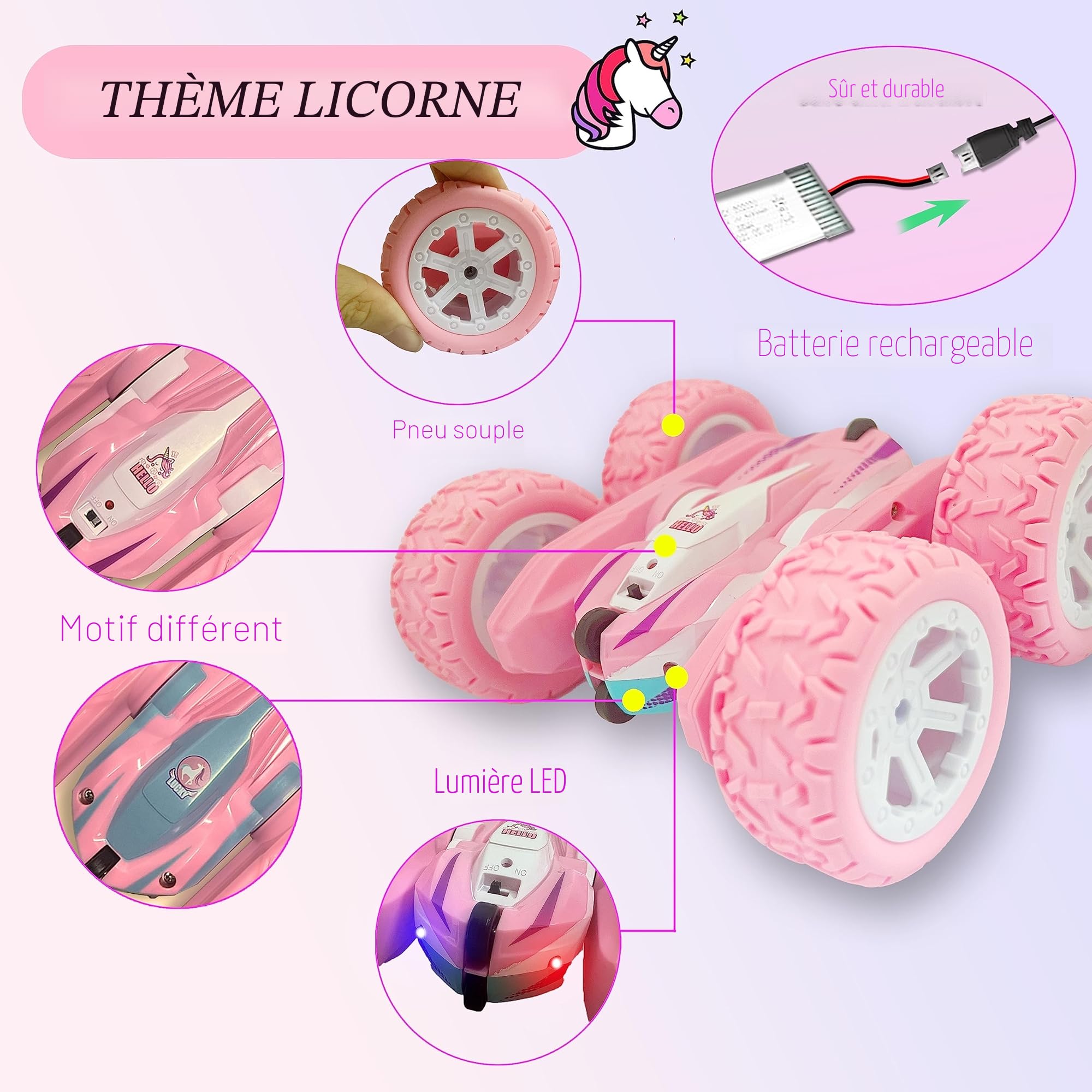 Voiture Télécommandée,4WD Licorne Rose Voiture Telecommandé Enfant Fille 3 4 5 6 7 8 9 10 Ans Aves Radiocommandée et 2 Piles, RC 360° Flip Rotatif et Lumière,Jouet Cadeau Fille 3-12 Ans