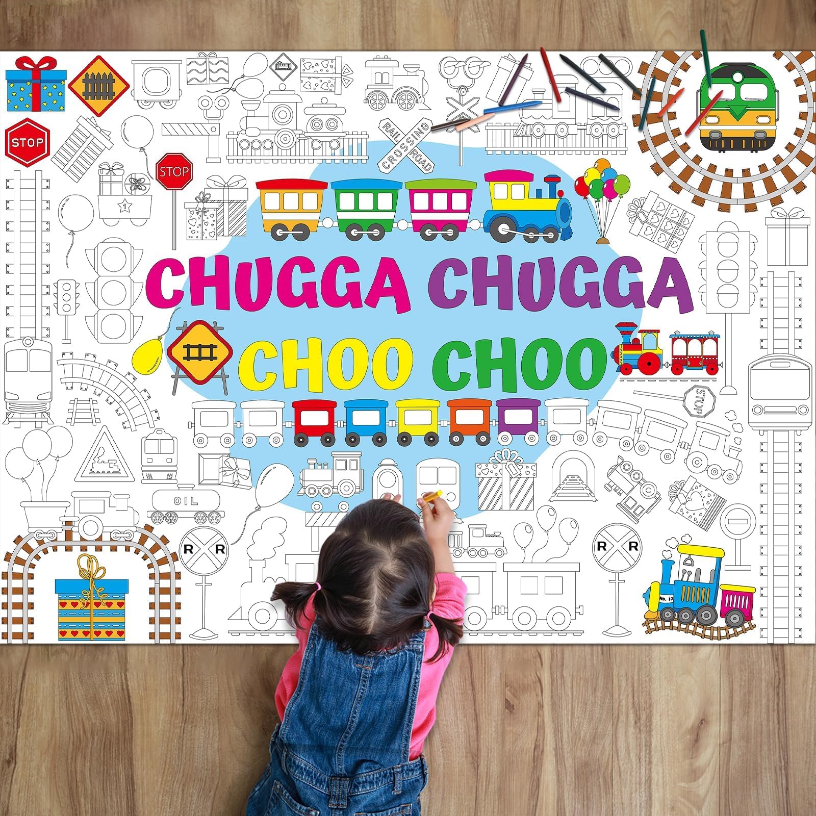 Train Giant Coloring Poster Train Party Favors Large Transportation Drawing Tablecloth DIY Art Drawing Coloring Mat Jumbo Table Cover Colorful Books for Traffic Game Trains Party Decorations Supplies